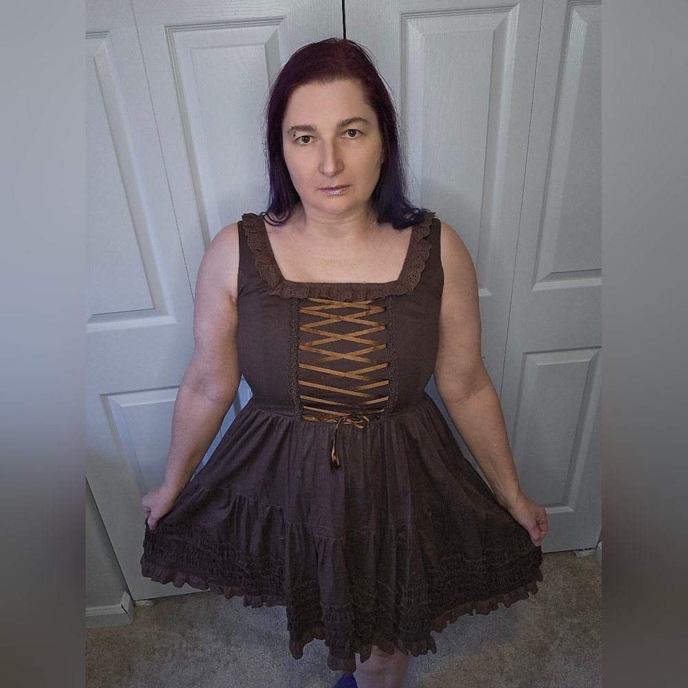 Spin Doctor Steampunk Brown Lace-Front Dress L